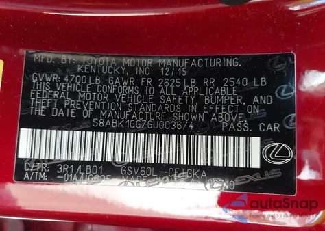 2016 Lexus Es 350 из США, поврежденный, VIN 58ABK1GG7GU003674